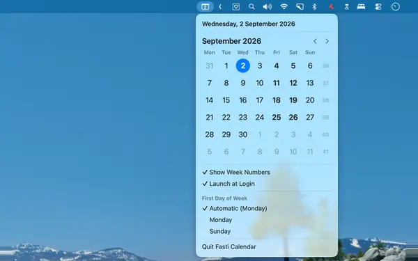 Fasti Calendar в меню-баре macOS: число сегодняшнего дня в строке меню, под ним раскрытый месяц с сеткой дней и номерами недель
